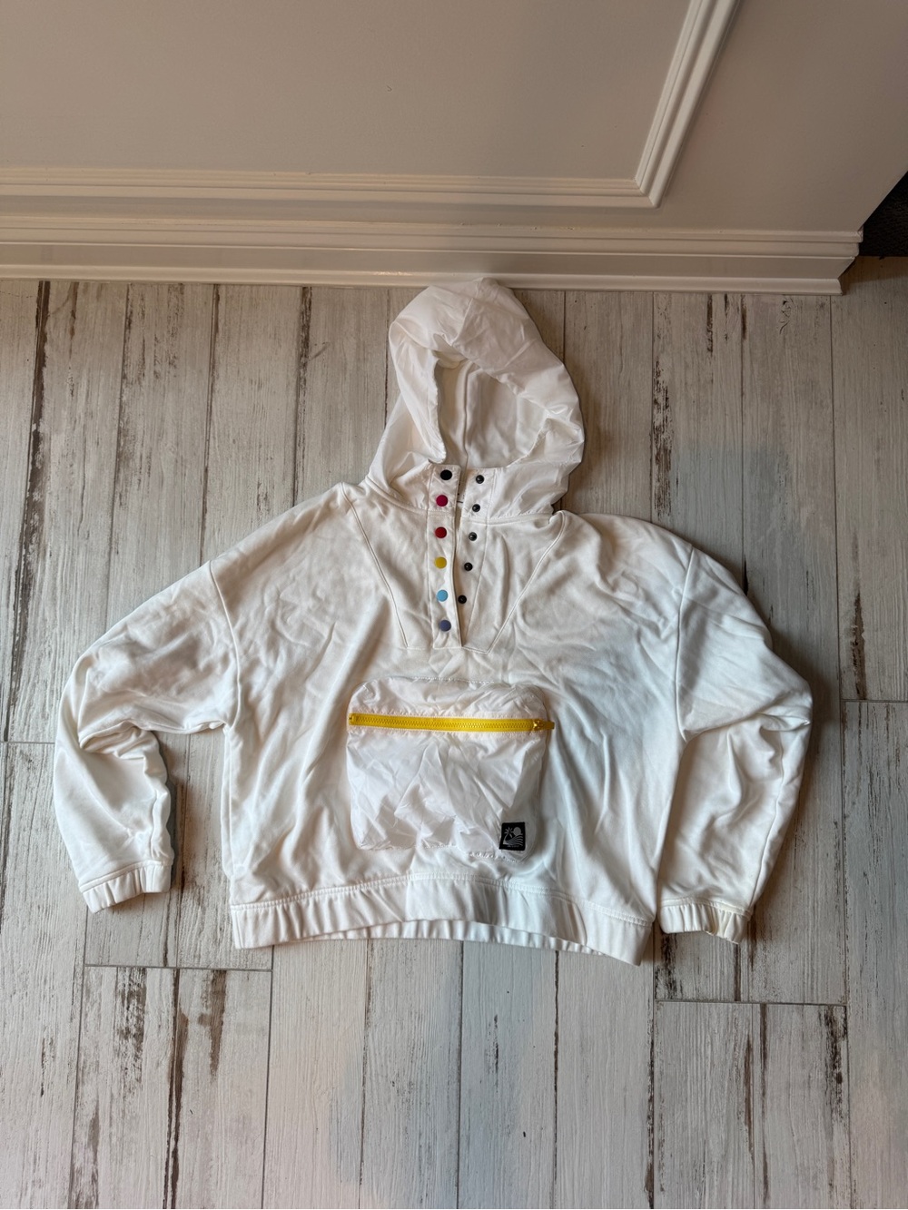 Staud x New Balance White Hooded Pullover Jacket with Colorful Snap Accents